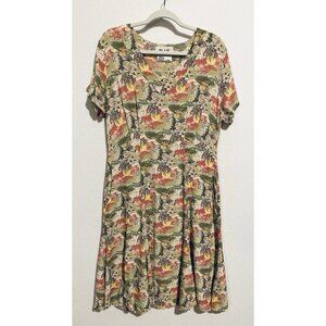 Flax Dress Womens Small Tropical Floral Hawaiian Pleated V Neck Maxi Boho Aloha